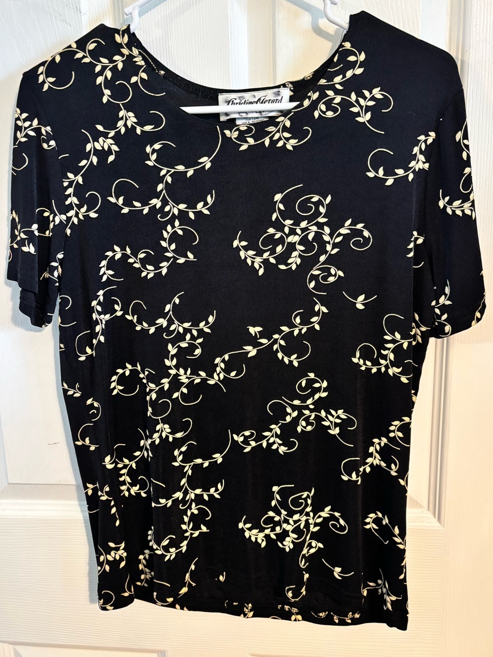 😍Vintage Christine Gerard Black Top with Cream Floral Vine Print SZ large